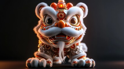 Cute robotic lion dance, dark studio, festive, celebration