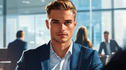 Fototapeta premium Portrait of a handsome young. business man. on a meeting in offce with colleagues in background