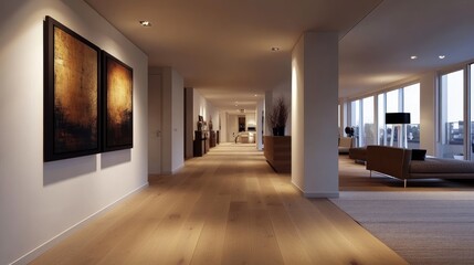 Luxury apartment hallway, sunset view, hardwood floor, modern art