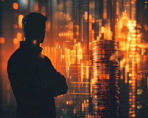 Silhouette of a businessman standing in front of stacks of coins and a digital financial graph, representing investment, success, economic growth, and business strategy in the financial market.