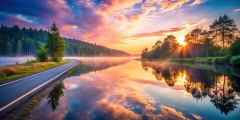 Serene Sunrise Lakeside Road: Pastel Dawn Reflections in Calm Water