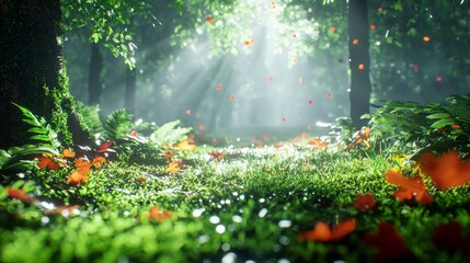 Fototapeta premium Ethereal Forest Scene with Sunlight Filtering Through Leaves and Fallen Leaves on Lush Green Grass