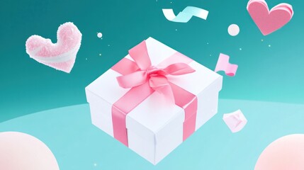 Festive White Gift Box with Pink Ribbon Hearts Confetti Valentine s Day Present