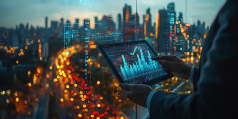 Financial Analyst Analyzing Upward Market Trends on Digital Tablet, Cityscape Background