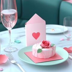 Naklejka premium Romantic Valentine s Day Dessert Table Setting with Pink Cake and Card