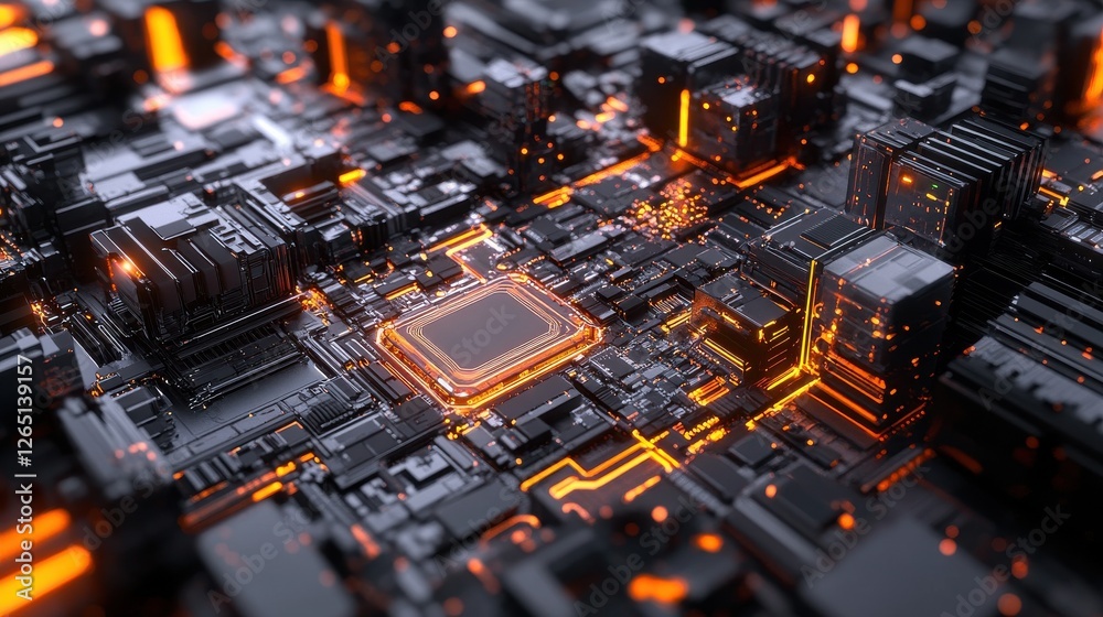 Poster abstract circuit board design with intricate lines and glowing elements.
