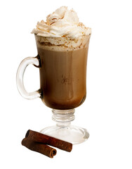 glass of italian cappuccino with whipped cream and cinnamon stick coffee isolated on transparent background