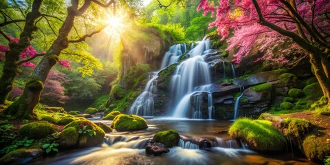 Obraz premium Serene Waterfall & Blooming Tree in Lush Forest - Nature Stock Photo