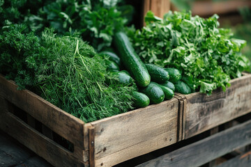 Green vegetables in a wooden box, summer vegetables, healthy food, vegetarian, food photography, organic food, farm fresh, natural food,  organic market, eco market 