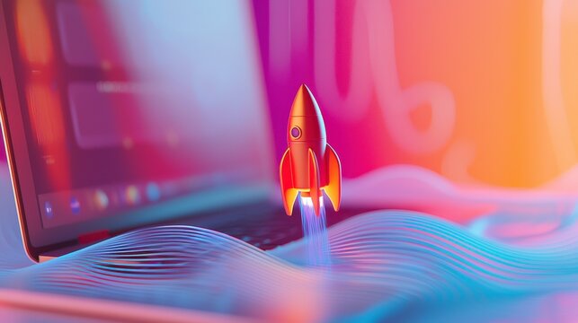 A playful rocket hovers over a laptop, symbolizing the fusion of technology and creativity, igniting a sense of wonder and innovation in a colorful digital landscape.