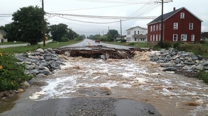 Flooded Rural Road, Houses in Background, Damage, Possible Stock Photo