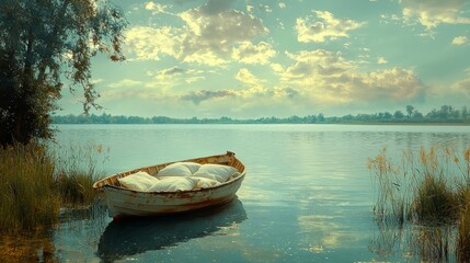 A peaceful lakeside sleep scene, with a person resting on a boat with pillows, while the soft sound of water lapping at the shore induces deep relaxation, in calm tones of blue, green, and sandy beige