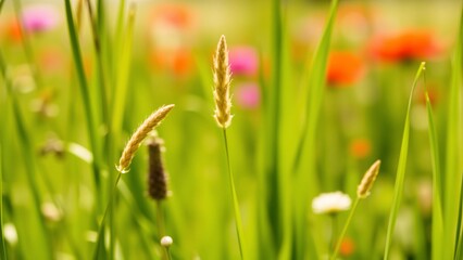 Summer Meadow Golden Grass and Blooming Wildflowers
