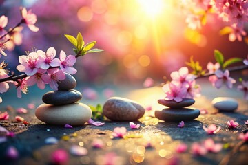 Serene Zen Garden: Sunlit Stones & Delicate Blossoms - Long Exposure Photography