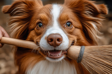Close-up of a dog holding a broom in its mouth, looking forward. National Pet Day