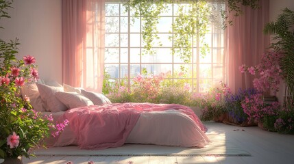 A peaceful spring bedroom scene with open windows letting in fresh air, light curtains fluttering, and soft pastel colors creating a serene atmosphere for sleep