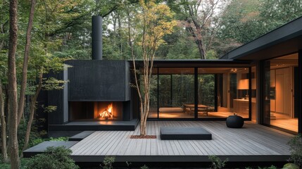 Modern home integrates with nature featuring a prominent outdoor fireplace