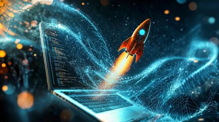 A dynamic rocket taking flight from a laptop, with swirling data flows representing creativity, technological development, and the pursuit of innovation within digital realms.