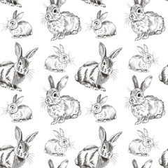 Freehand vintage abstract pattern depicting cute bunnies in line art style isolated on a white background. Ornament for Easter without seam. Wallpaper, wrap, fabric. Hand drawn bunny, rabbit