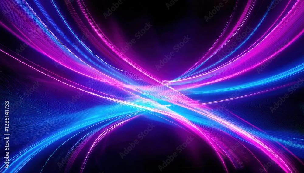Poster dynamic neon light trails in pink and blue on dark background for futuristic design, technology conc