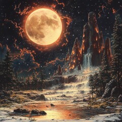 Obraz premium Orange moon illuminates fiery waterfall cascading down majestic rocks.