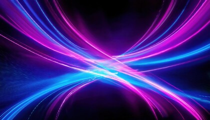 Fototapeta premium dynamic neon light trails in pink and blue on dark background for futuristic design, technology concept, digital backdrop