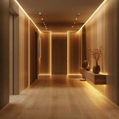 Illuminated hall, wood walls, warm light, potted plant, home decor, interior design