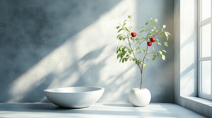 Minimalist room sunlight apples bowl plant