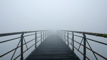 Naklejka premium Misty Bridge into the Unknown: A long wooden bridge stretches into a thick fog, creating a mysterious and atmospheric scene. The railing suggests a sense of journey and uncertainty.