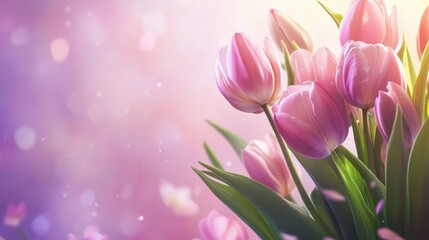 Fototapeta premium Pink tulips bouquet on blurry background, spring flowers for international womens day 8 march as gift, violet purple bunch romantic present from floral shop made by florist, close up view copy space