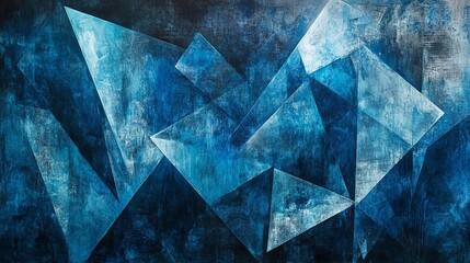 The image captures an array of dynamic blue geometric shapes overlaid on a dark, mysterious backdrop