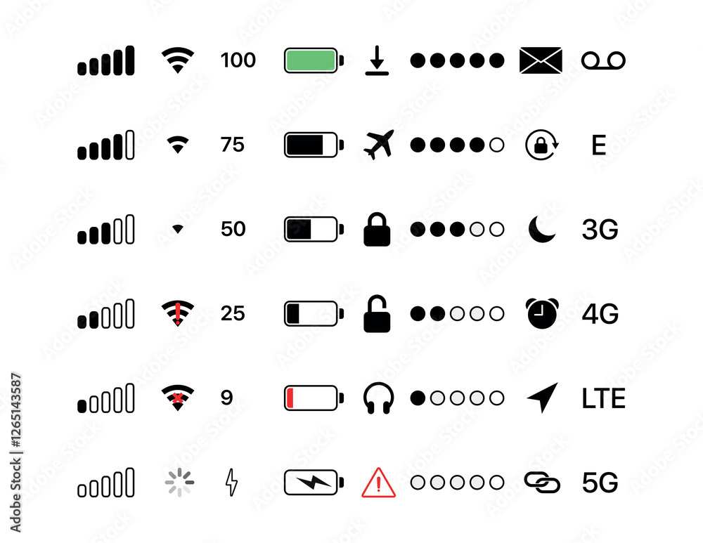 Poster phone bar status icons, battery drain in green, mobile indicator of time, wi-fi signal. status bar i