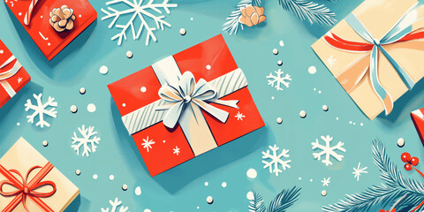 Fototapeta premium Flat-lay doodle style illustration of a holiday gift-wrapping table with ribbons, wrapping paper, scissors, and doodle snowflakes.