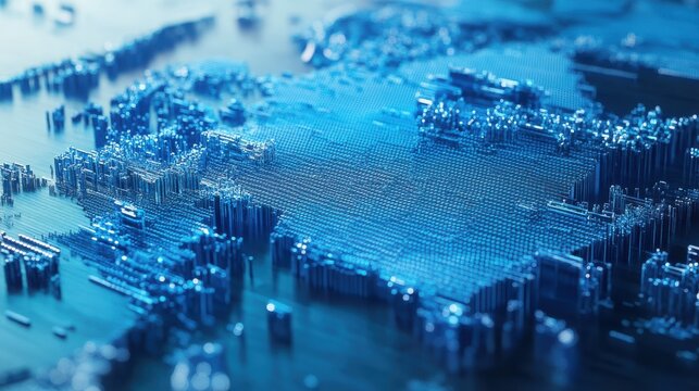A blue pixelated world map is depicted on a white background with light gradient effects, representing a modern business and technology concept. 3D Rendering. - Powered by Adobe