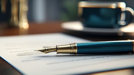 Fototapeta premium Elegant fountain pen resting on a document with a coffee cup in the background, conveying productivity
