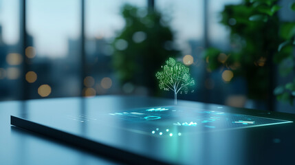 Futuristic boardroom with holographic ESG investment strategies