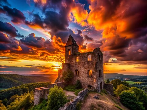 Silhouette of Alte Burg Osterode Castle at Sunset, Dramatic German Landscape