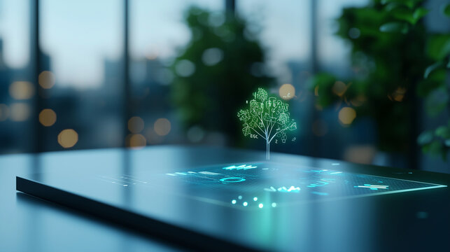 Futuristic boardroom with holographic ESG investment strategies
