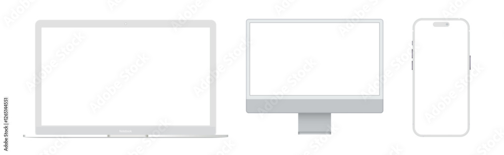Poster laptop computer clay mockup isolated on white background. set of modern clay devices mockups: pc, la