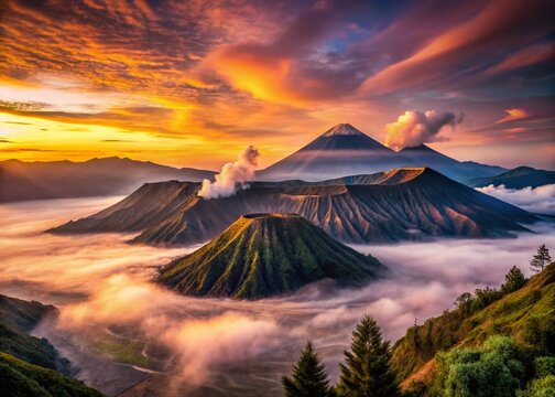 Silhouette of Bromo, Batok, & Sumeru Volcanoes at Sunrise, Java, Indonesia