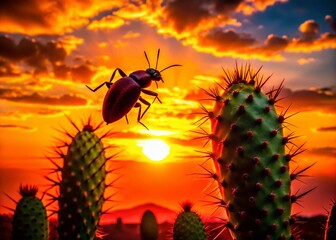 Silhouette of Cochineal Insect on Prickly Pear Cactus at Sunset