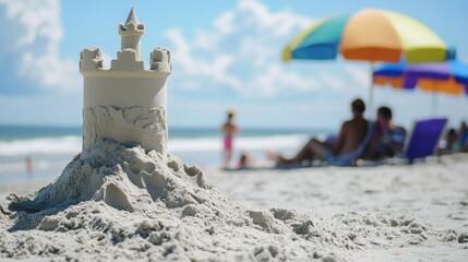 Sandcastle on sunny beach with colorful umbrellas and relaxing people in background