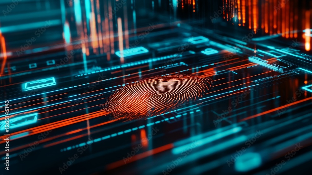 Poster futuristic digital fingerprint on a glowing circuit board with data streams in the background