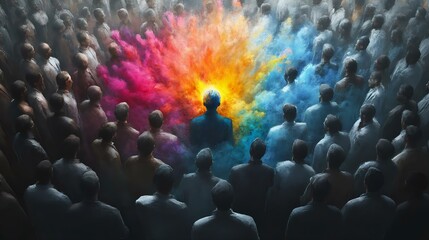 Obraz premium A vibrant illustration depicting a central figure surrounded by a colorful explosion of creativity, capturing themes of inspiration and individuality.