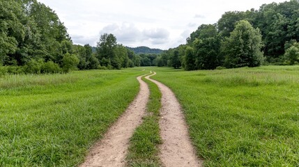 Winding country lane through lush green meadow, leading to distant forest, ideal for nature photography