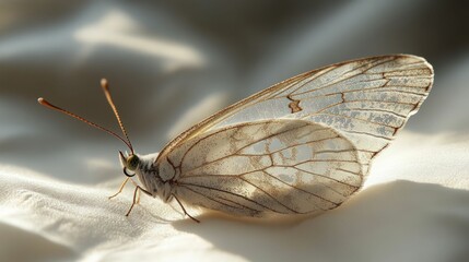 Obraz premium Delicate white butterfly rests on soft fabric