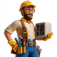 3D illustration of HVAC technician holding air conditioning unit, wearing safety gear and tools, showcasing expertise and