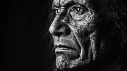 A striking black and white portrait showcasing an elderly man's textured face, featuring deep lines and a solemn expression, capturing wisdom and strength.