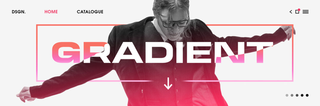 Elegant man in black suit in dynamic pose, layered with gradient typography and interactive UI elements. Web page design. Concept of business style, fashion, trends, user interface, landing page