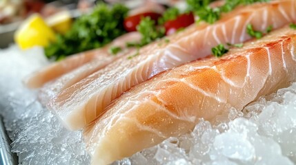 Fresh slices of raw fish on ice displayed with lemons and parsley. National Crab Stuffed Flounder Day